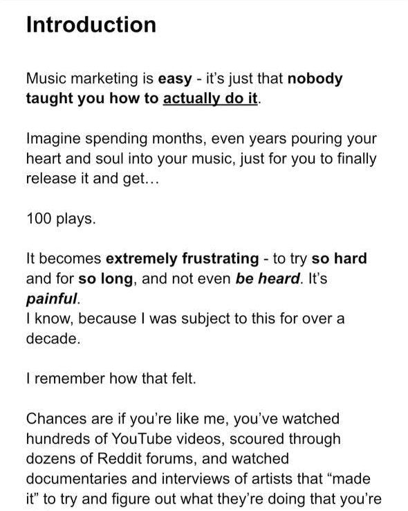 Text on a white background discussing music marketing and frustration with lack of recognition.